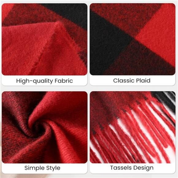Cashmere Feel Plaid Scarf, Long Blanket Scarf, Red - Picture 5 of 7
